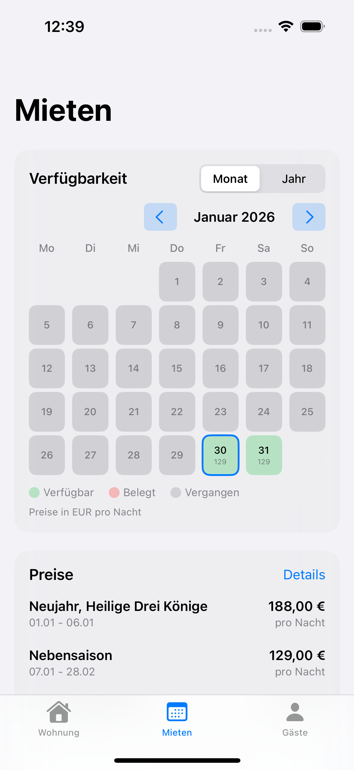 App Screenshot: Mieten